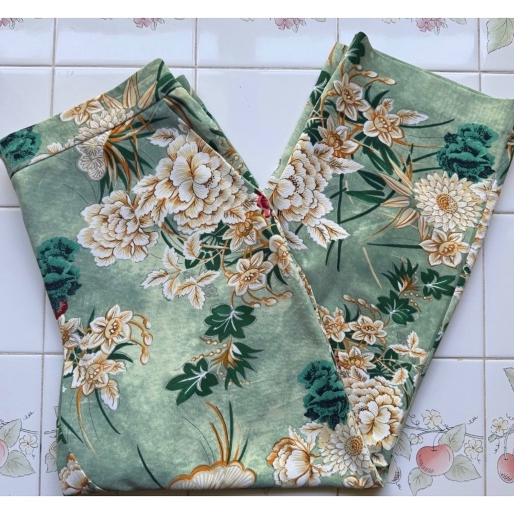 Resort Vacation Floral Print Lightweight High Waist Wide Leg Pant Women 12 Green